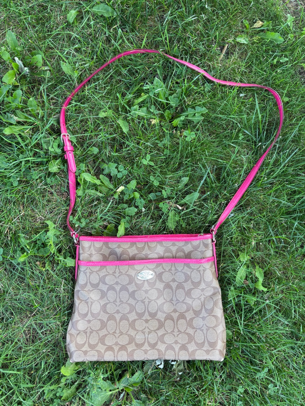 Coach Tan Signature Crossbody with Pink Trim